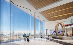 Rendering: inside the new terminal at DFW, with floor to ceiling windows adding to the bright, airy and modern feel of the space. American Airlines and DFW are collaborating on the new terminal.